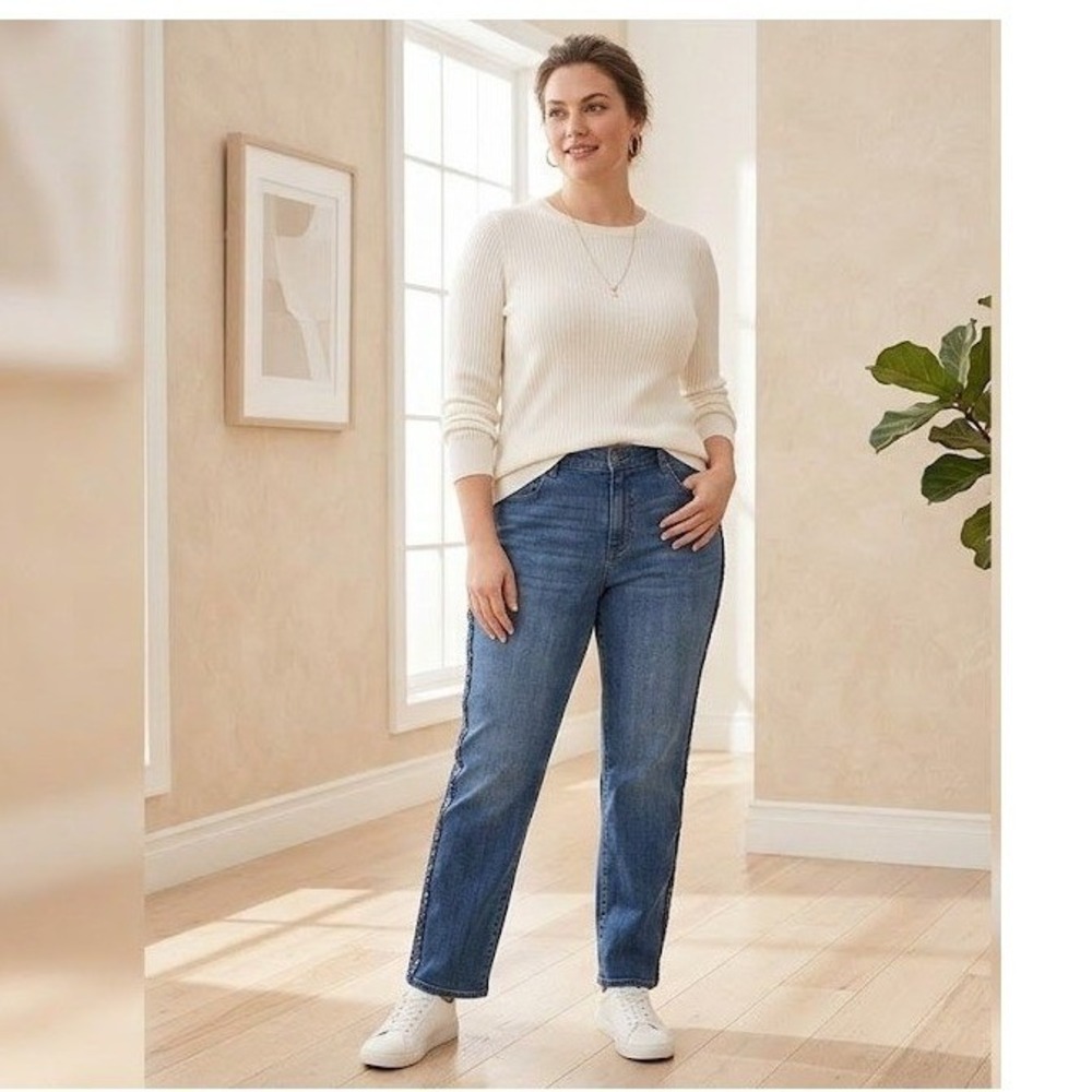 NWT Talbots High-Waist Straight‎ Ankle Jeans Womens 16 Blue Sequin Stripe